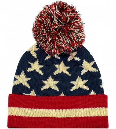 Skullies & Beanies Vintage Red White & Blue American Flag Knit Pom Pom Beanie Hat - CI187C7SNAT $18.98