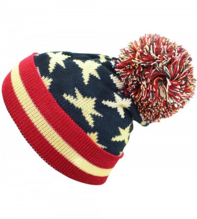 Skullies & Beanies Vintage Red White & Blue American Flag Knit Pom Pom Beanie Hat - CI187C7SNAT $18.98