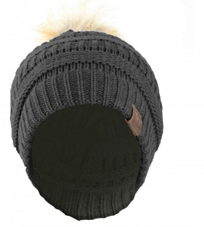 Skullies & Beanies Women Hat Faux Fur Pom Pom Winter Wool Beanie Thick Knit Snow Ski Cable Cap - Blck - CR194LLZ6OM $12.02