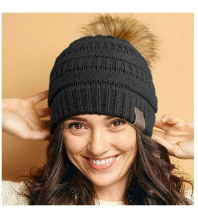 Skullies & Beanies Women Hat Faux Fur Pom Pom Winter Wool Beanie Thick Knit Snow Ski Cable Cap - Blck - CR194LLZ6OM $12.02