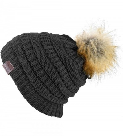 Skullies & Beanies Women Hat Faux Fur Pom Pom Winter Wool Beanie Thick Knit Snow Ski Cable Cap - Blck - CR194LLZ6OM $12.02