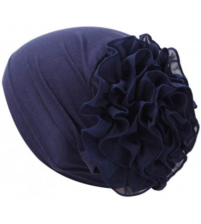 Skullies & Beanies Women Muslim Solid Flowers Cancer Chemo Hat Fashion Turban Headbands Hair Loss Wrap Cap - Navy - CY185U9DE...