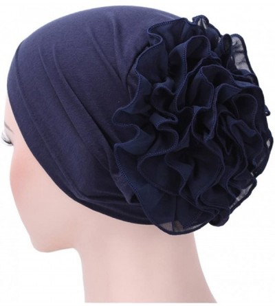 Skullies & Beanies Women Muslim Solid Flowers Cancer Chemo Hat Fashion Turban Headbands Hair Loss Wrap Cap - Navy - CY185U9DE...