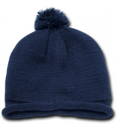 Skullies & Beanies Roll Up Beanie with Pom on Top - Navy Blue - CZ110DL1MKF $13.79