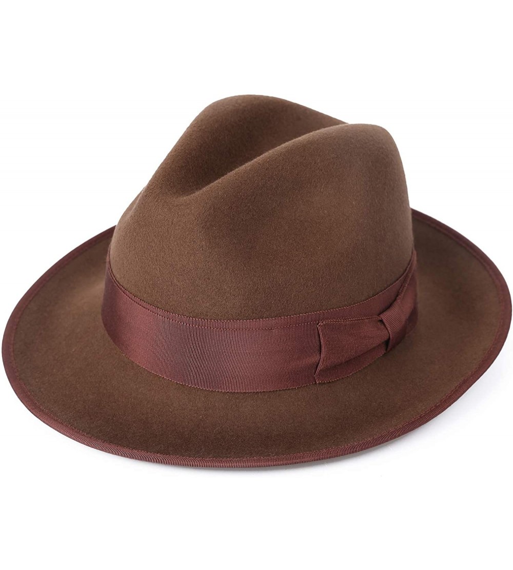 Fedoras Men's Dress Wool Felt Fedora Hat Roll up Brim Gangster Bow Belt Hats - Pecan - CM18I5CE45Q $23.32