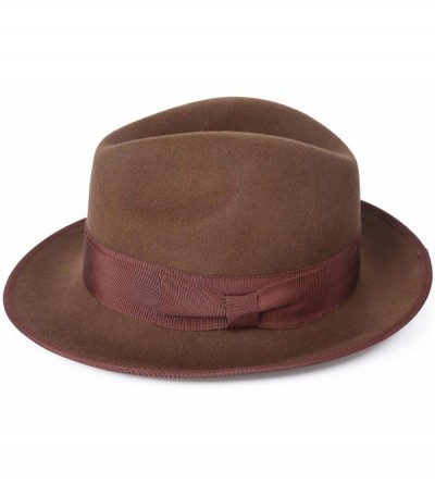 Fedoras Men's Dress Wool Felt Fedora Hat Roll up Brim Gangster Bow Belt Hats - Pecan - CM18I5CE45Q $23.32