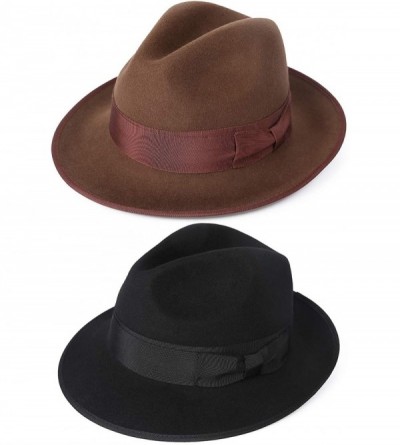 Fedoras Men's Dress Wool Felt Fedora Hat Roll up Brim Gangster Bow Belt Hats - Pecan - CM18I5CE45Q $23.32