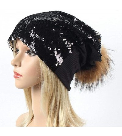 Skullies & Beanies Sequin Pom Beanie Hats Women Girls Ugly Christmas Sweater Holiday Caps for Concert Parties - Black Not Pur...