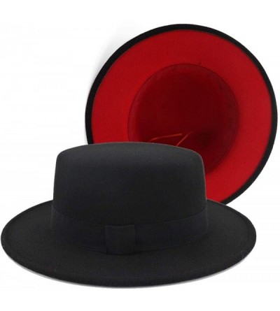Fedoras Trend Red Black Patchwork Wool Felt Jazz Fedora Hat Casual Men Women Leather Strap Wide Brim Felt Hat Trilby - C2194Z...
