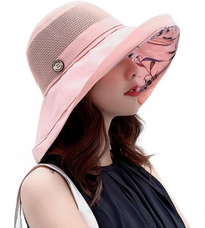 Sun Hats Women Mesh Sun Hats Summer Beach UV Protection UPF Packable Wide Brim Chin Strap - Pink - CF18RXUA0XU $13.23