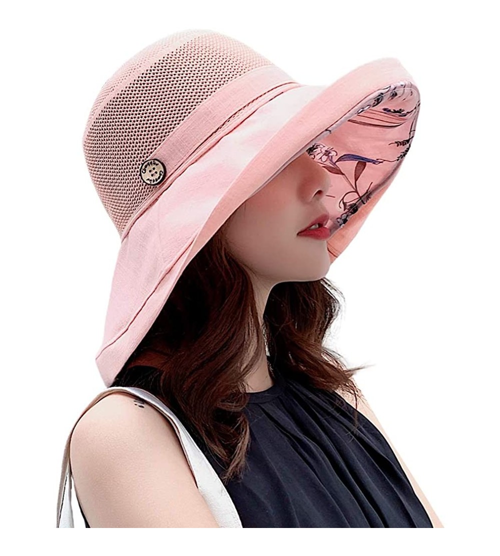 Sun Hats Women Mesh Sun Hats Summer Beach UV Protection UPF Packable Wide Brim Chin Strap - Pink - CF18RXUA0XU $13.23