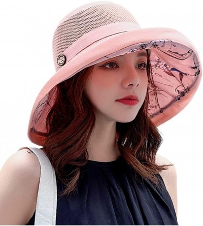 Sun Hats Women Mesh Sun Hats Summer Beach UV Protection UPF Packable Wide Brim Chin Strap - Pink - CF18RXUA0XU $13.23