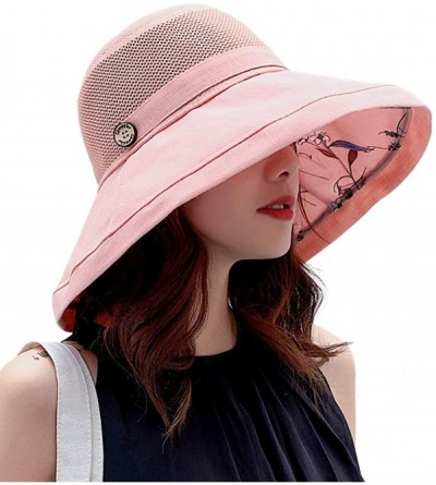 Sun Hats Women Mesh Sun Hats Summer Beach UV Protection UPF Packable Wide Brim Chin Strap - Pink - CF18RXUA0XU $13.23