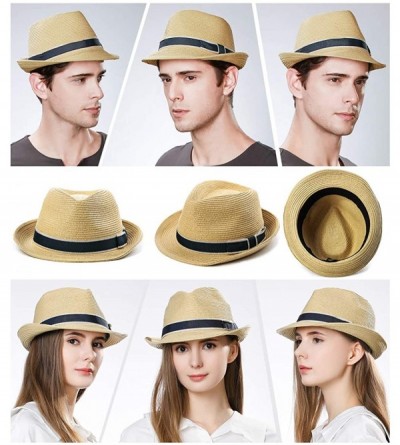 Fedoras Packable Straw Fedora Panama Sun Summer Beach Hat Cuban Trilby Men Women 55-61cm - 89600-beige - CH18O9TTEXI $17.29