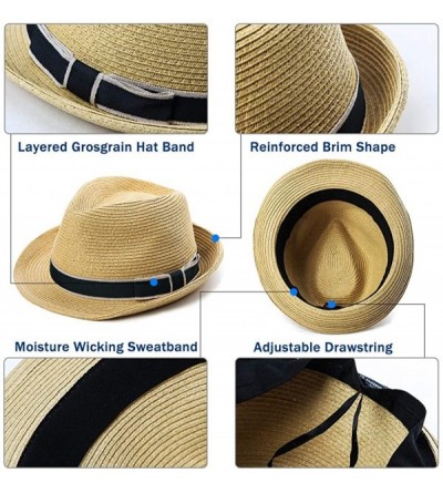 Fedoras Packable Straw Fedora Panama Sun Summer Beach Hat Cuban Trilby Men Women 55-61cm - 89600-beige - CH18O9TTEXI $17.29