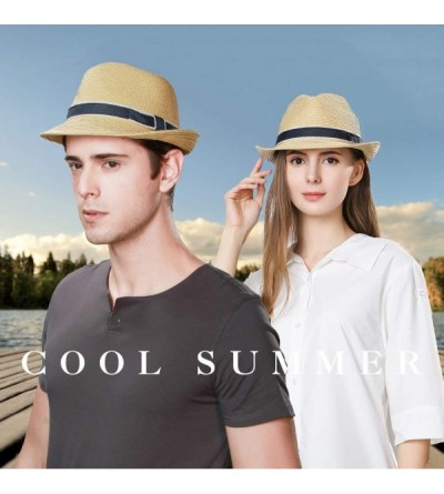 Fedoras Packable Straw Fedora Panama Sun Summer Beach Hat Cuban Trilby Men Women 55-61cm - 89600-beige - CH18O9TTEXI $17.29