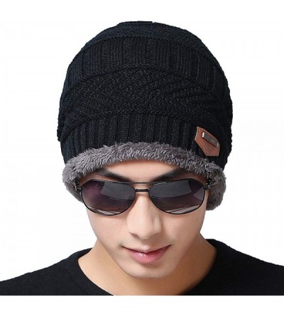 Skullies & Beanies Winter Beanie Hat Scarf Set with Fleece Lining Warm Knit Hat Slouchy Thick Skull Cap for Women Men - Black...