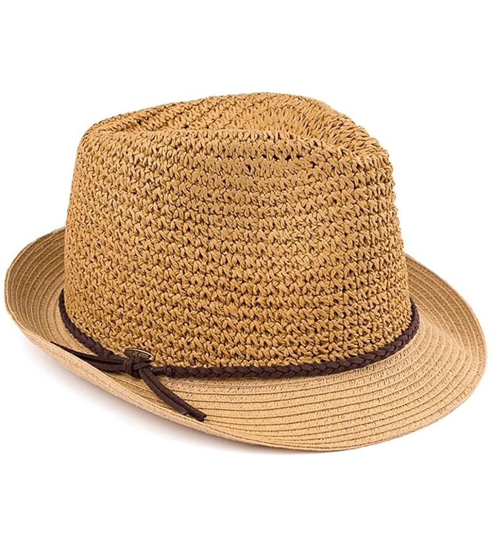 Fedoras UPF50+ Adjustable Multicolor Woven Pattern Short Brim Fedora Hat - Dark Natural W/ Brown Rope - C317Z2TX7LW $21.77