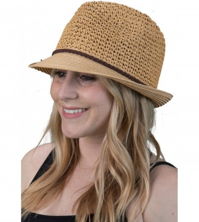 Fedoras UPF50+ Adjustable Multicolor Woven Pattern Short Brim Fedora Hat - Dark Natural W/ Brown Rope - C317Z2TX7LW $21.77