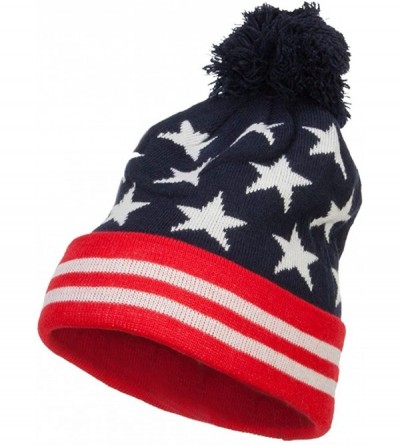 Skullies & Beanies American Flag Pom Knit Beanie - Navy OSFM - CI11P5HI4OJ $19.34