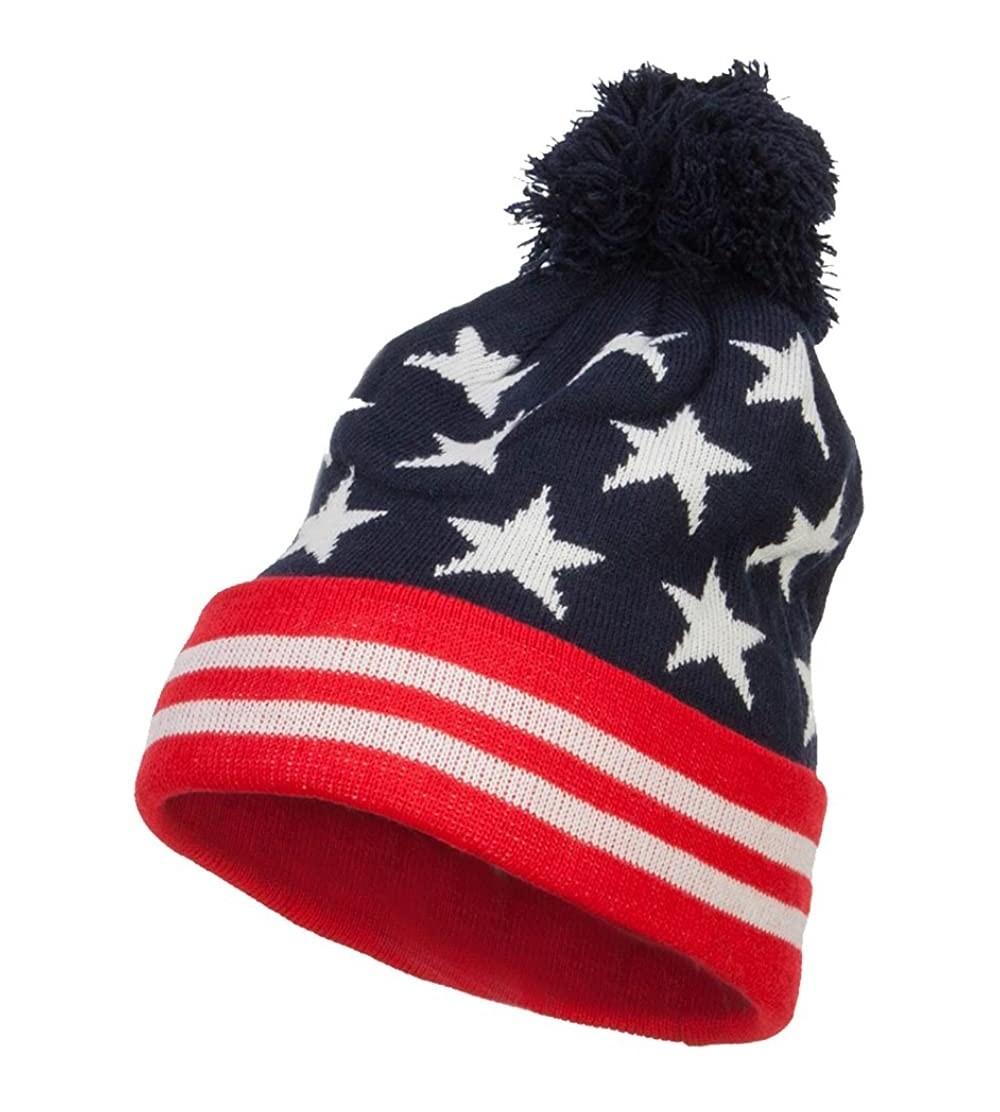 Skullies & Beanies American Flag Pom Knit Beanie - Navy OSFM - CI11P5HI4OJ $8.74