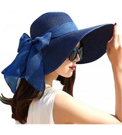 Sun Hats Women Big Bowknot Straw Hat Floppy Foldable Roll Up Beach Cap Sun Hat - Navy - CM18D2YE84R $27.47