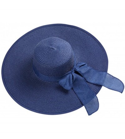 Sun Hats Women Big Bowknot Straw Hat Floppy Foldable Roll Up Beach Cap Sun Hat - Navy - CM18D2YE84R $12.63