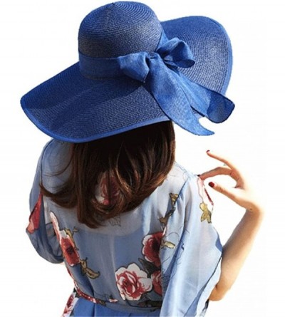 Sun Hats Women Big Bowknot Straw Hat Floppy Foldable Roll Up Beach Cap Sun Hat - Navy - CM18D2YE84R $12.63