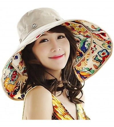 Sun Hats Womens Summer Wide Brim Sun Hats Floppy Foldable Beach Bucket Hat UPF 50+ - Beige - CZ12IYF87QN $22.68