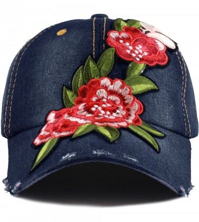 Baseball Caps 200 Bling Jewel Rhinestone Rose Patch Washed Denim Baseball Cap - 24. Flower Patch-4 - C118RE3UA5M $14.21