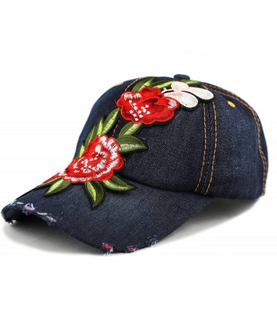 Baseball Caps 200 Bling Jewel Rhinestone Rose Patch Washed Denim Baseball Cap - 24. Flower Patch-4 - C118RE3UA5M $14.21