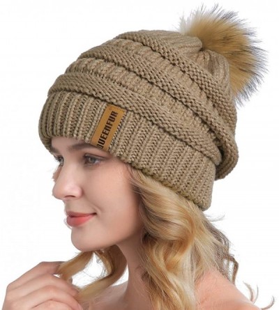 Skullies & Beanies Winter Real Fur Pom Pom Beanie Warm Oversized Chunky Cable Knit Slouch Beanie Hats for Women - Khaki - CX1...