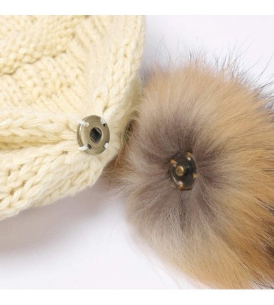 Skullies & Beanies Winter Real Fur Pom Pom Beanie Warm Oversized Chunky Cable Knit Slouch Beanie Hats for Women - Khaki - CX1...