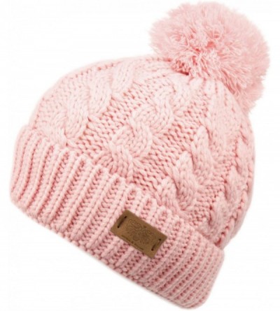 Skullies & Beanies Winter Oversized Cable Knitted Pom Pom Beanie Hat with Fleece Lining. - Indi Pink - CA18L9SUQ23 $29.86
