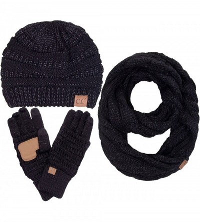 Skullies & Beanies 3pc Set Trendy Warm Chunky Soft Stretch Cable Knit Beanie Scarves Gloves Set - Metallic Black - CJ187GR6K6...