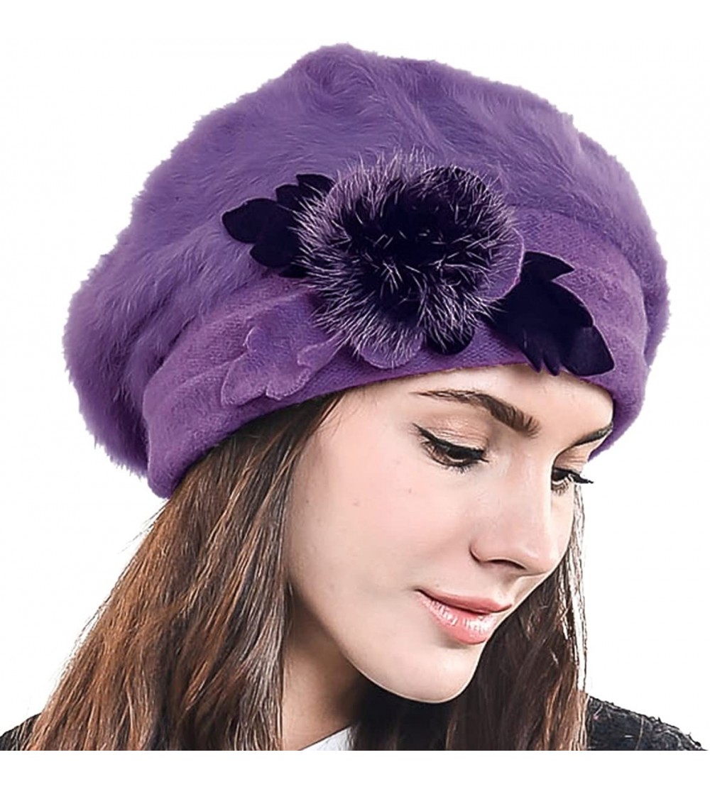 Berets Lady French Beret Wool Beret Chic Beanie Winter Hat Jf-br022 - Br022-dark Purple Angora - C212OC0SCR0 $15.47