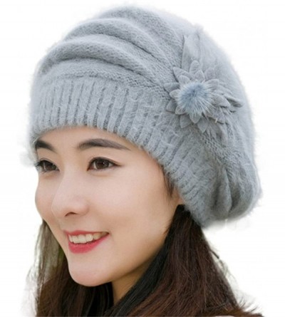 Berets Beret Cap- Fashion Womens Flower Knit Crochet Beanie Hat Winter Warm Cap (Grey) - CY12OCSHHHA $9.17