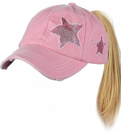 Baseball Caps Ponycap Messy High Bun Ponytail Adjustable Glitter Star Distressed Baseball Cap Hat - Light Pink - CD18RNOIYQD ...