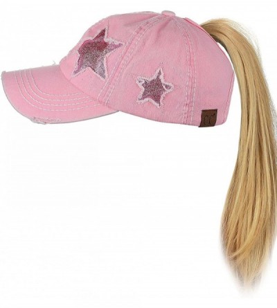 Baseball Caps Ponycap Messy High Bun Ponytail Adjustable Glitter Star Distressed Baseball Cap Hat - Light Pink - CD18RNOIYQD ...