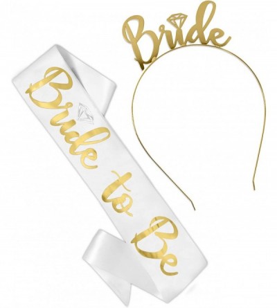 Headbands Bride Gift Set - Metallic Gold Diamond Bride to Be White Satin Sash & Gold Bride Headband - C418EGRUEK7 $44.51