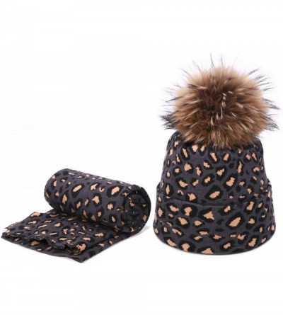 Skullies & Beanies Leopard Print Beanie Hat Scarf Set Winter Double Beanies Hats for Women Elasticity Warm Scarves Pompom Hat...