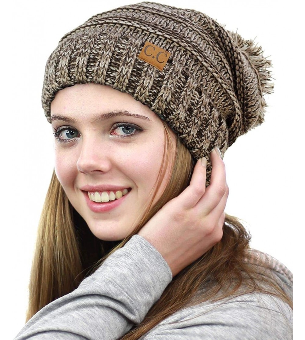Skullies & Beanies Pom Pom Oversized Baggy Slouchy Thick Winter Beanie Hat - Brown Mix - CG18R44EC96 $18.03
