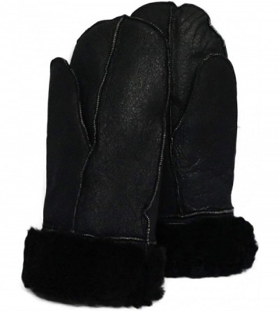 Skullies & Beanies Unisex Soft Thick 100% Sheepskin Leather Black Mittens Ideal for Winter - Black - CX18KAOTZH3 $42.64