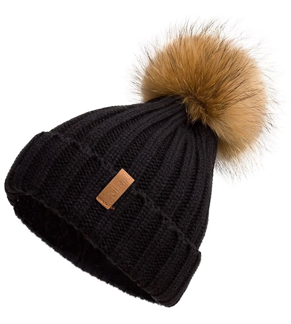 Skullies & Beanies Women Winter Knitted Beanie Hat with Fur Pom Bobble Hat Skull Beanie for Women - Black( Gold Pompom) - C51...