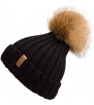 Skullies & Beanies Women Winter Knitted Beanie Hat with Fur Pom Bobble Hat Skull Beanie for Women - Black( Gold Pompom) - C51...