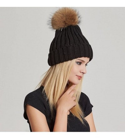 Skullies & Beanies Women Winter Knitted Beanie Hat with Fur Pom Bobble Hat Skull Beanie for Women - Black( Gold Pompom) - C51...