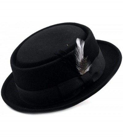 Fedoras Men's Crush-able Wool Felt Porkpie Pork Pie Fedora Hats with Feather DTHE09 - Black - C51876EC8WR $19.43