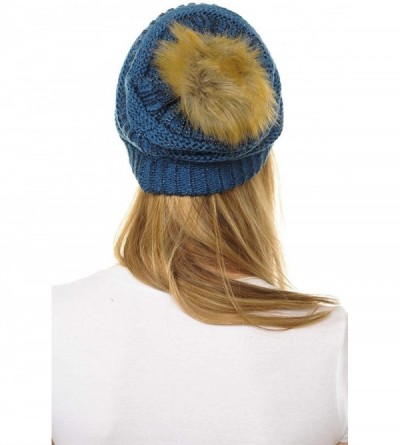 Skullies & Beanies Hat-43 Thick Warm Cap Hat Skully Faux Fur Pom Pom Cable Knit Beanie - Metallic Dark Denim - CD18X7SWX36 $1...