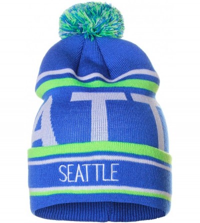 Skullies & Beanies Unisex USA Cities Fashion Large Letters Pom Pom Knit Hat Beanie - Seattle Blue Neon Green - CF12N6K43PF $1...