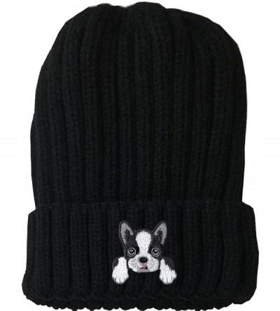 Skullies & Beanies [ Boston Terrier ] Cute Embroidered Puppy Dog Warm Knit Fleece Winter Beanie Skull Cap - Black - CH189RWWI...